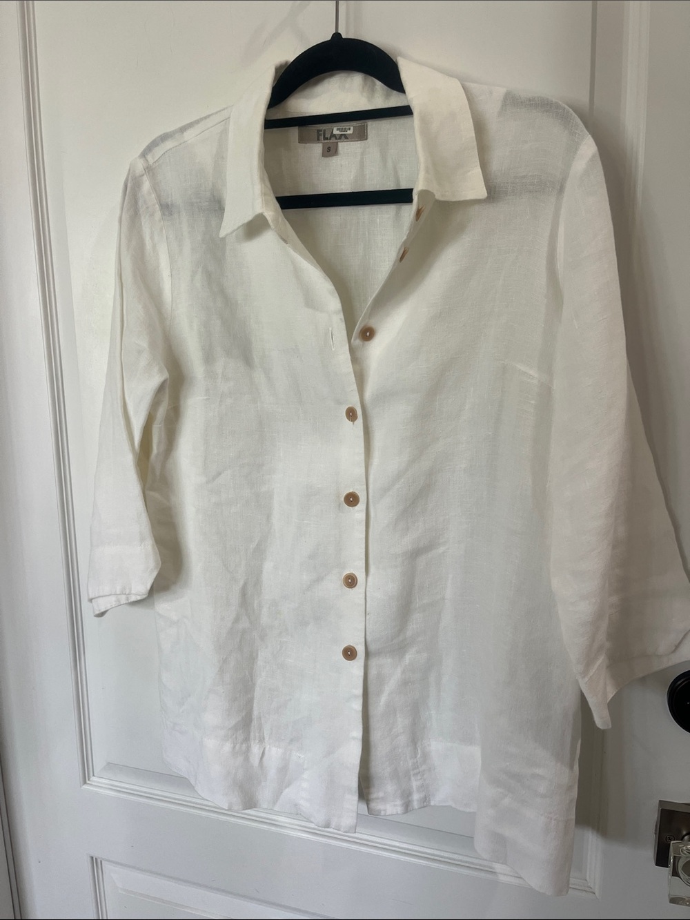 FLAX white 100% linen button down 3/4 sleeve top size small oversized